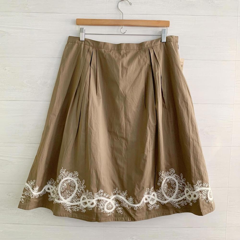 NWT Coldwater Creek - Brown border embroidered pleated cotton midi skirt, sz L